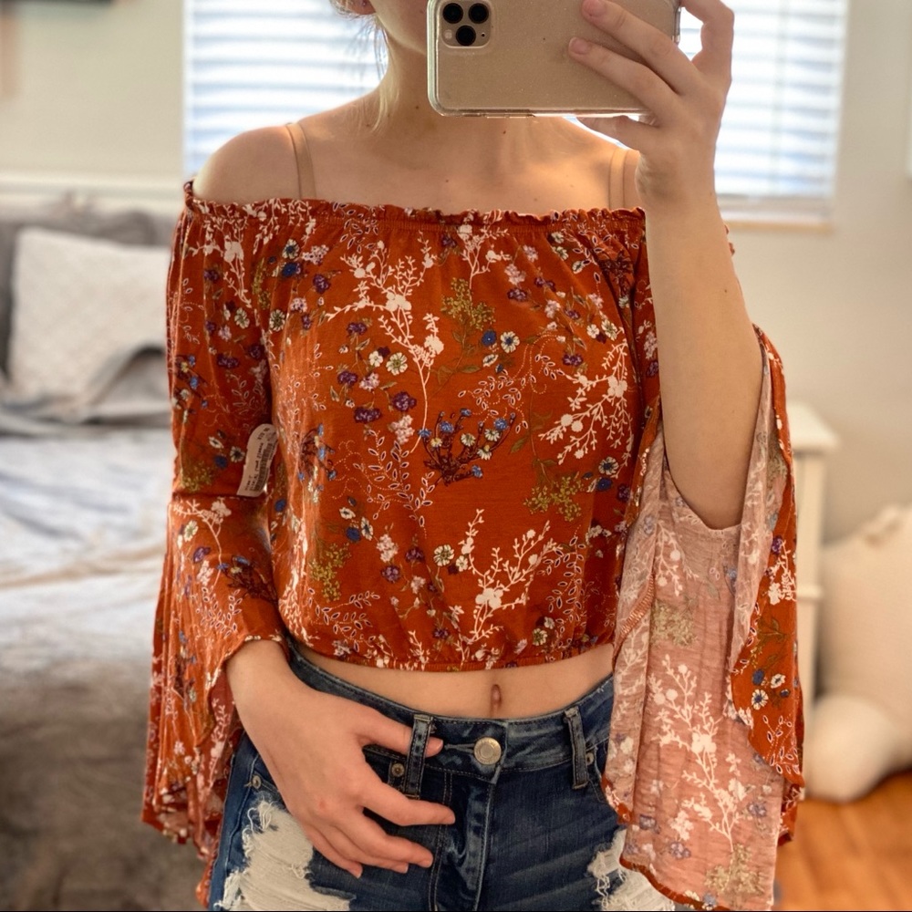 Iris Floral Off the Shoulder Bell Sleeve Crop Top